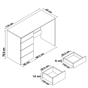 4 ÇEKMECELİ ÇALIŞMA MASASI 110 CM BEYAZ RENK 