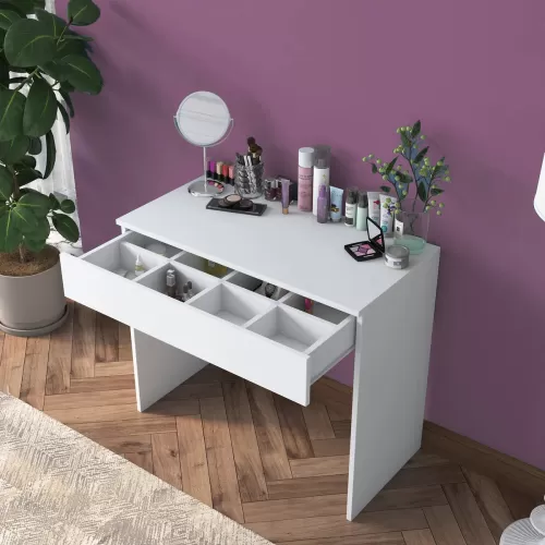 MAKYAJ TUVALET MASASI ÇEKMECELİ BÖLMELİ BEYAZ RENK 
