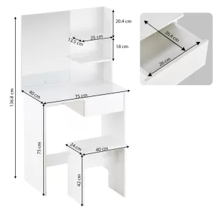 TEK ÇEKMECELİ AYNALI 75 CM MAKYAJ MASASI BEYAZ RENK