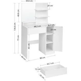 TEK ÇEKMECELİ YANI DOLAPLI AYNALI 80 CM MAKYAJ MASASI BEYAZ RENK