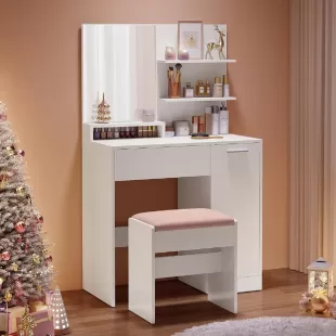 TEK ÇEKMECELİ YANI DOLAPLI AYNALI 80 CM MAKYAJ MASASI BEYAZ RENK