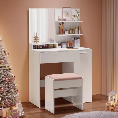 TEK ÇEKMECELİ YANI DOLAPLI AYNALI 80 CM MAKYAJ MASASI BEYAZ RENK