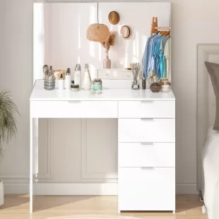 5 ÇEKMECELİ AYNALI 100 CM MAKYAJ MASASI BEYAZ RENK