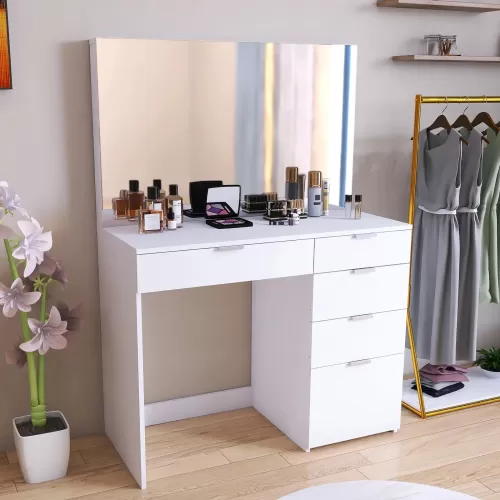 5 ÇEKMECELİ AYNALI 100 CM MAKYAJ MASASI BEYAZ RENK